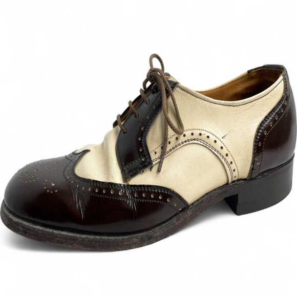 Vintage Brown Ivory Wingtip Leather Shoes Men's 8.5 Lace Up Oxfords Goodyear - Picture 11 of 14